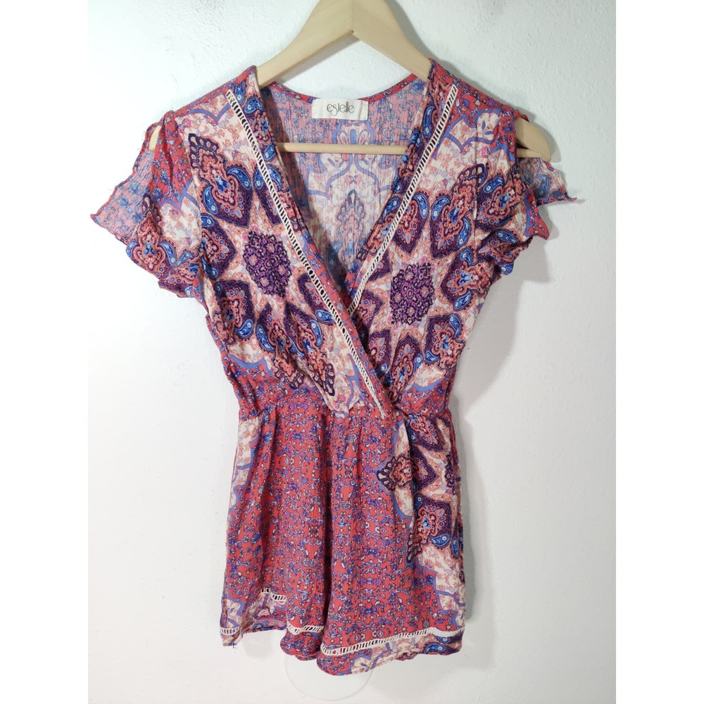3/$20 Estelle Pink Paisley Floral Media Print Surplice Flutter Sleeve Romper S